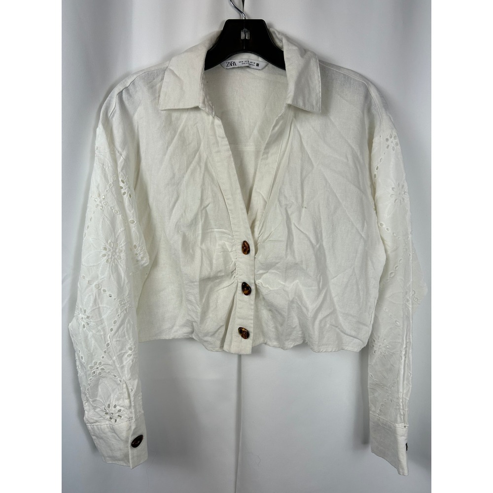 Zara White 100% Cotton Eyelet Sleeve Cropped Button Down Shirt Minimal Medium